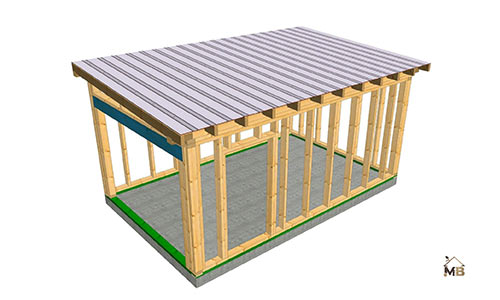 Garage - Ossature Bois 3.67 m x 5.80 m - Charpente 1 pan - Couverture Bac Acier