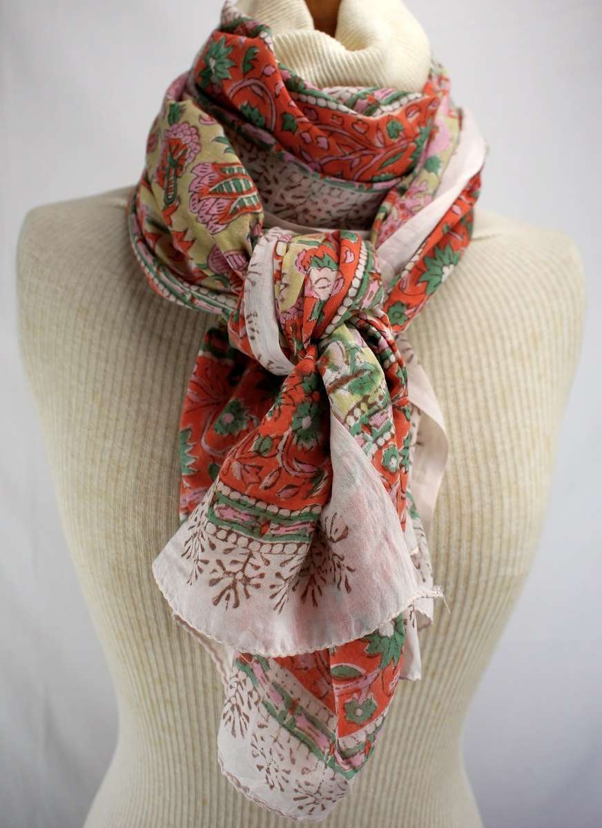 Foulard Vert Anis, Orange, Rose Pâle, Vert Bleuté - W408-3