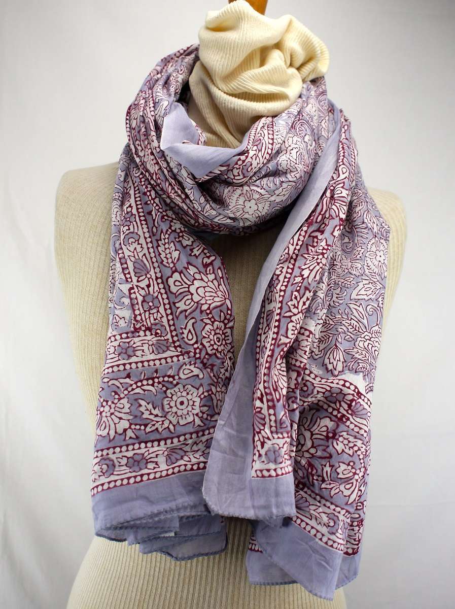 Foulard Gris Bleuté, Blanc et Lie de Vin - S404-4